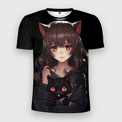 Футболка спортивная мужская Девушка с черной кошкой, цвет: 3D-принт