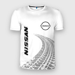 Мужская спорт-футболка Nissan speed на светлом фоне со следами шин: надпи
