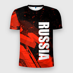 Мужская спорт-футболка Russia - белая надпись на красных брызгах