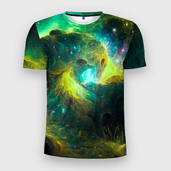 Мужская спорт-футболка Небула в космосе в зеленых тонах - нейронная сеть