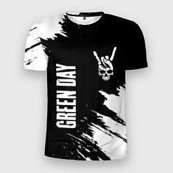 Мужская спорт-футболка Green Day и рок символ на темном фоне