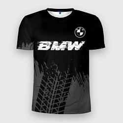 Футболка спортивная мужская BMW speed на темном фоне со следами шин: символ св, цвет: 3D-принт