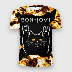 Футболка спортивная мужская Bon Jovi рок кот и огонь, цвет: 3D-принт