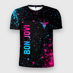 Футболка спортивная мужская Bon Jovi - neon gradient: надпись, символ, цвет: 3D-принт