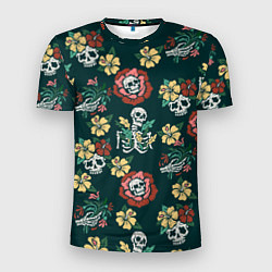 Мужская спорт-футболка Скелеты и черепа среди цветов