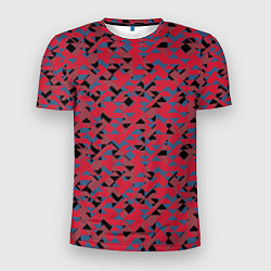 Мужская спорт-футболка Черные и синие треугольники на красном