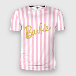 Футболка спортивная мужская Barbie - золотая надпись и бело-розовые полосы, цвет: 3D-принт
