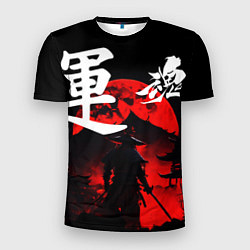 Мужская спорт-футболка Японский самурай и красная луна