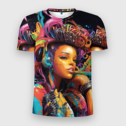 Футболка спортивная мужская Красивая киберпанк девушка и яркие краски в стиле, цвет: 3D-принт