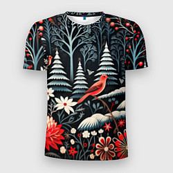 Мужская спорт-футболка Новогодний лес и птицы