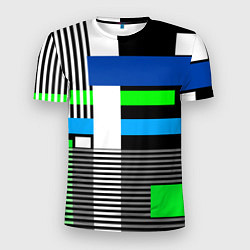 Мужская спорт-футболка Геометрический узор сине -зеленый в стиле пэчворк