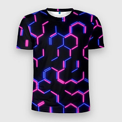 Мужская спорт-футболка Сине-розовые неоновые неполные гексагоны