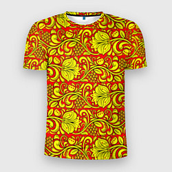 Мужская спорт-футболка Хохломская роспись золотистые цветы и ягоды на кра