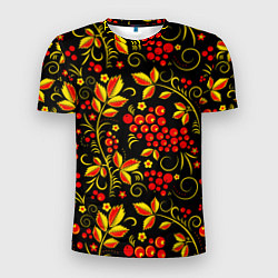 Мужская спорт-футболка Хохломская роспись золотистые листья чёрном фоне
