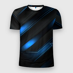 Мужская спорт-футболка Синий неоновый яркий свет на черном абстрактном фо