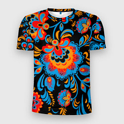 Мужская спорт-футболка Хохломская роспись разноцветные цветы на чёроном ф
