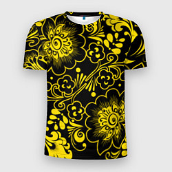 Мужская спорт-футболка Хохломская роспись золотые цветы на чёроном фоне