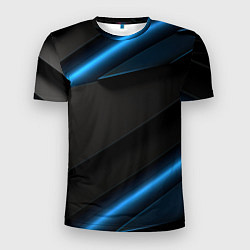 Мужская спорт-футболка Черный абстракция и неоновые синие полосы