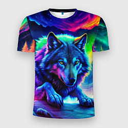 Мужская спорт-футболка Неоновый волк - северное сияние