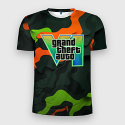 Футболка спортивная мужская Gta лого зелено-оранжевый камуфляж, цвет: 3D-принт