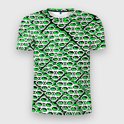 Футболка спортивная мужская Зелёно-белый узор на чёрном фоне, цвет: 3D-принт