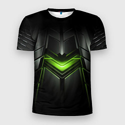 Мужская спорт-футболка Объемная абстрактная яркая зеленая фигура на черно