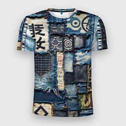 Мужская спорт-футболка Иероглифы на пэчворк дениме