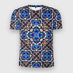 Мужская спорт-футболка Мозаичный цветочный узор на черном фоне