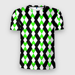 Футболка спортивная мужская Зелёные и белые ромбы на чёрном фоне, цвет: 3D-принт