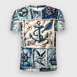 Мужская спорт-футболка Пэчворк с якорем - джинсовка моряка