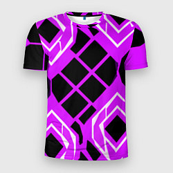 Футболка спортивная мужская Чёрные квадраты и белые полосы на фиолетовом фоне, цвет: 3D-принт