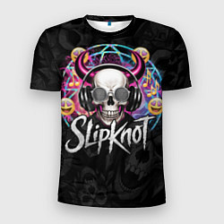 Футболка спортивная мужская Slipknot на фоне черепа демона с рогами в очках, цвет: 3D-принт