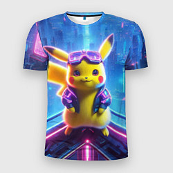 Футболка спортивная мужская Прикольный Пикачу на крыше небоскрёба - нейроарт, цвет: 3D-принт