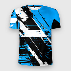 Футболка спортивная мужская Diagonal black and white stripes on a blue backgro, цвет: 3D-принт