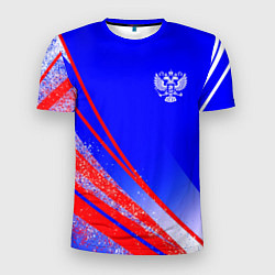 Мужская спорт-футболка Герб России на фоне цветов флага государства