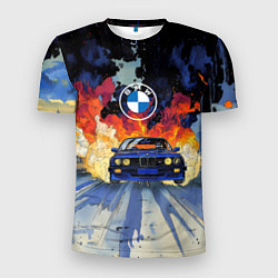 Футболка спортивная мужская Синяя БМВ за огнем, цвет: 3D-принт