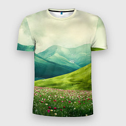 Футболка спортивная мужская Горы и поле с цветами - зеленый пейзаж, цвет: 3D-принт