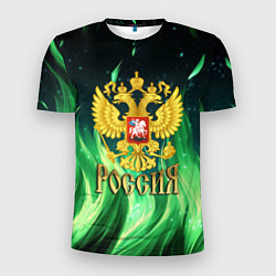 Мужская спорт-футболка Россия на фоне зеленого огня