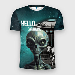 Футболка спортивная мужская Инопланетянин на фоне космоса и летающей тарелки, цвет: 3D-принт