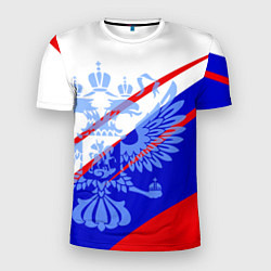 Футболка спортивная мужская Герб на фоне цветов флага бело-сине-красный, цвет: 3D-принт