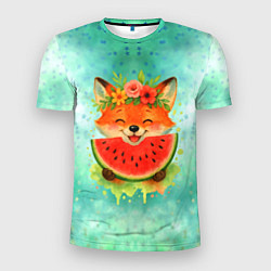 Футболка спортивная мужская Веселая лисичка ест арбуз, цвет: 3D-принт