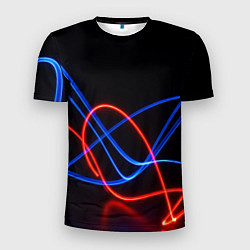 Футболка спортивная мужская Красно синие неоновые линии на черном фоне, цвет: 3D-принт