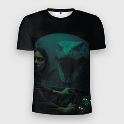 Футболка спортивная мужская Тилозавр нападает на батискаф с девушкой ужасы, цвет: 3D-принт