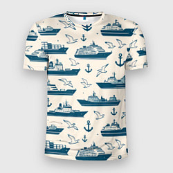 Мужская спорт-футболка Морской паттерн из чаек, якорей и кораблей