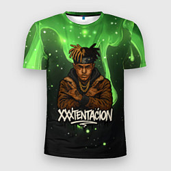 Мужская спорт-футболка XXXTentacion на фоне зеленой краски