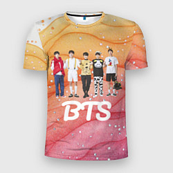 Футболка спортивная мужская BTS желто-розовый блестящий фон, цвет: 3D-принт