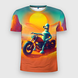 Футболка спортивная мужская Робот Бендер на мотоцикле в пустыне, цвет: 3D-принт