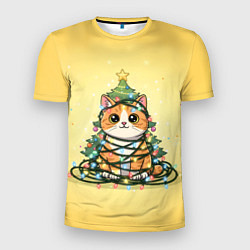 Футболка спортивная мужская Новогодний котик в гирлянде, цвет: 3D-принт
