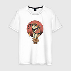 Футболка хлопковая мужская Кот самурай, цвет: белый