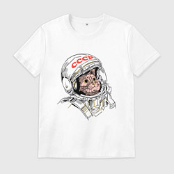 Футболка хлопковая мужская СССР Кот космонавт, цвет: белый